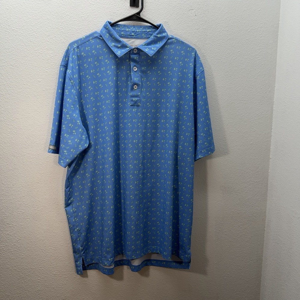 Straight Down Polo Shirt Mens L Pineapple Palm Tree Print‎ Golf Performance Blue